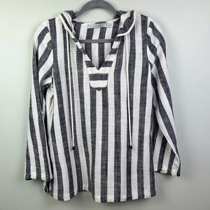 209 wst 38 Linen Cotton Top White Grey Stripes Drawstring Hoodie Blouse sz 6 EUC